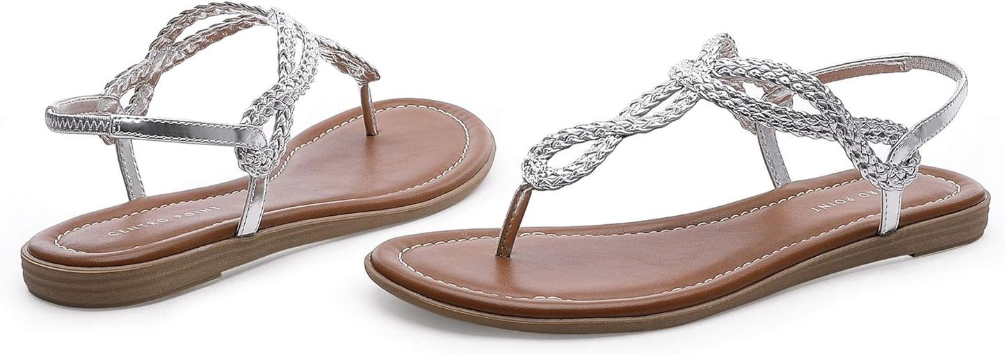 Women'S Braided T-Strap Thong Slip on Flat Sandals with Elastic Brand Roman Gladiator Fashion Flip Flop Shoes