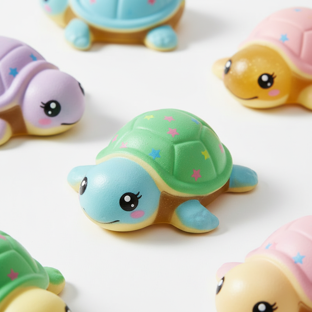 Cute kawaii turtle squishy stress ball toy in bright pastel colors